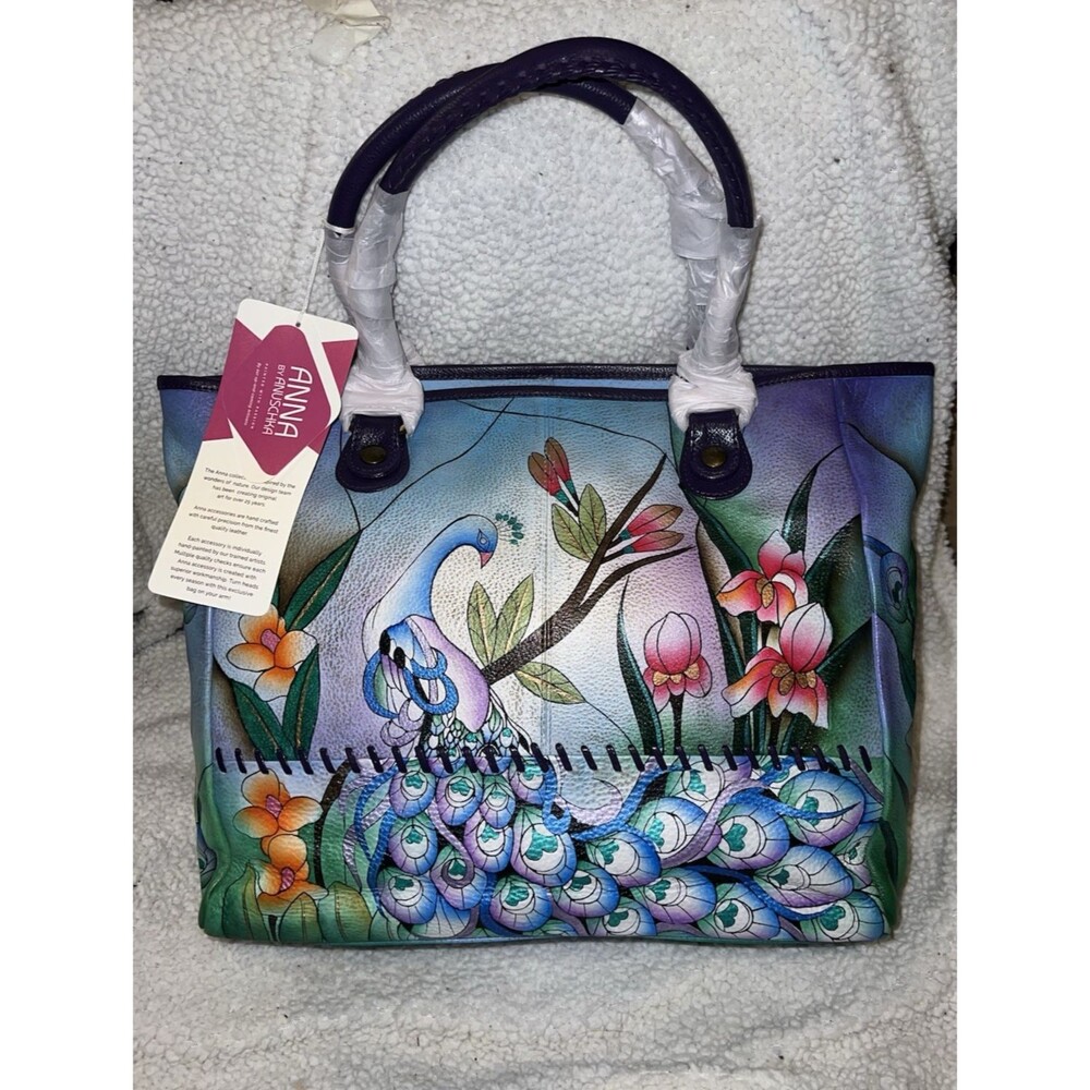 Discontinued NEW Anna by Anuschka Hand-Painted "Midnight Peacock" Large Tote Bag